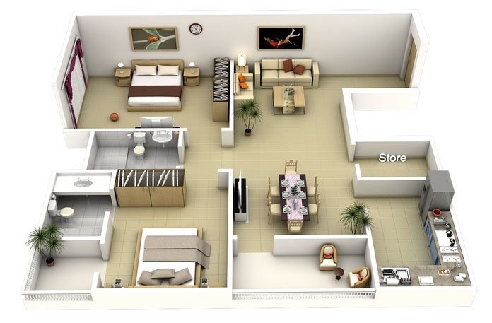  Ảnh 20: Mẫu thiết kế căn hộ 60m2 2 phòng ngủ nằm đối diện nhau