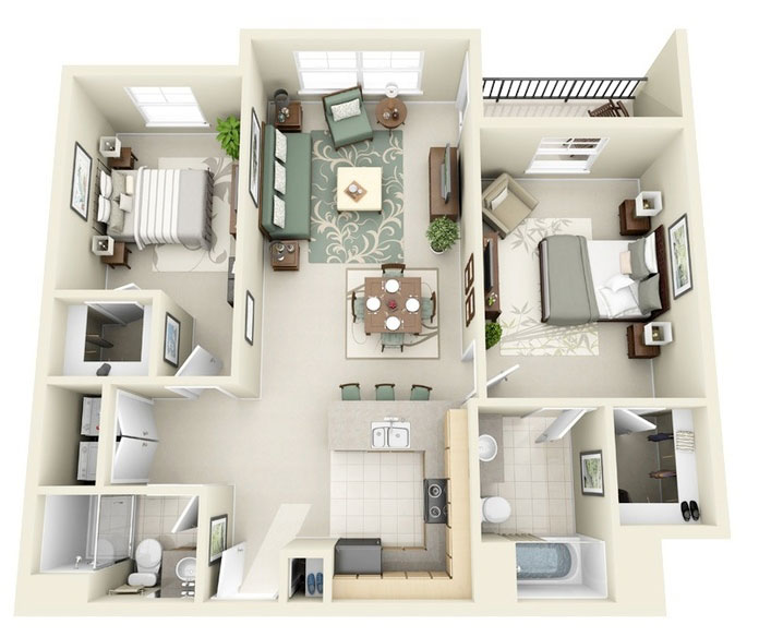  Ảnh 21: Mẫu thiết kế căn hộ 60m2 2 phòng ngủ với không gian trung tâm là phòng khách