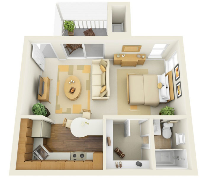  Ảnh 22: Mẫu thiết kế chung cư 60m2 1 phòng ngủ đơn giản