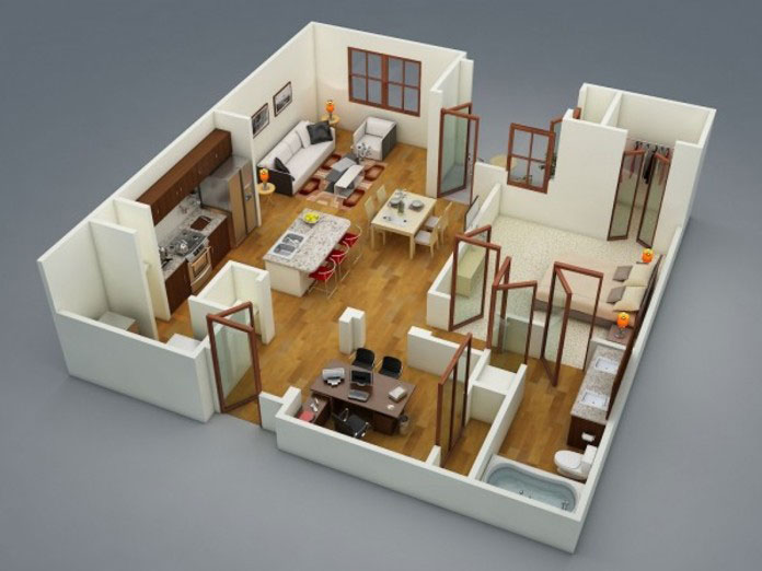  Ảnh 3: Mẫu thiết kế chung cư 60m2 với không gian bếp và phòng khách nối liền
