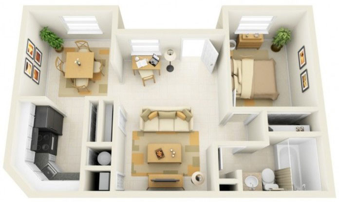  Ảnh 5: Mẫu chung cư 60m2 với thiết kế bếp và phòng khách liền kề và được phân chia bằng tường ngăn cách