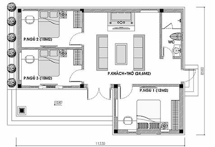 <em>Ảnh 6: Bản vẽ công năng của mẫu thiết kế 3 phòng ngủ đẹp cho nhà cấp 4</em>