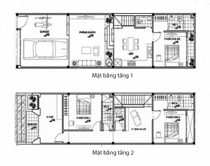 
Ảnh 6. Bản vẽ nhà ống 2 tầng 3 phòng ngủ có gara ô tô
