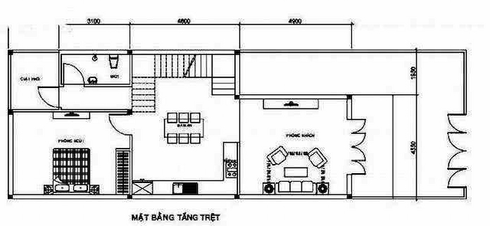 
Ảnh 4. Bản vẽ mẫu nhà ống 2 tầng 3 phòng ngủ tầng trệt của mẫu nhà phố 5x16m
