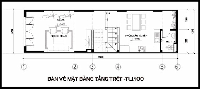 
Ảnh 10. Bản vẽ mẫu nhà phố 3 tầng 2 phòng ngủ tầng 1 của mẫu nhà phố 5x16m
