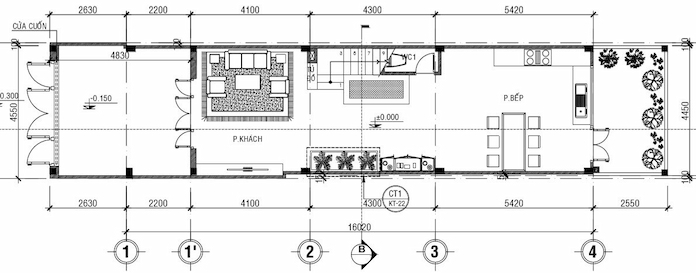 
Ảnh 18. Bản vẽ mẫu nhà phố 3 tầng có tầng tum tầng 1 của mẫu nhà phố 5x16m
