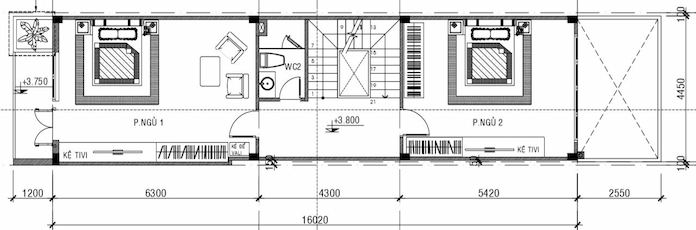 
Ảnh 19. Bản vẽ mẫu nhà phố 3 tầng có tầng tum tầng 2 của mẫu nhà phố 5x16m
