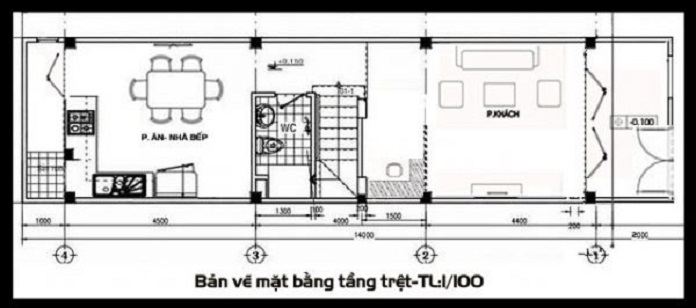 
Ảnh 2: Bản vẽ thiết kế tầng 1 nhà hai tầng 5x16m
