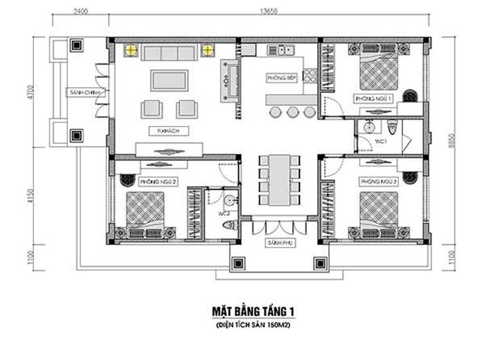
Ảnh 4: Bản thiết kế mẫu nhà cấp 4 mái thái 2 mặt tiền ấn tượng
