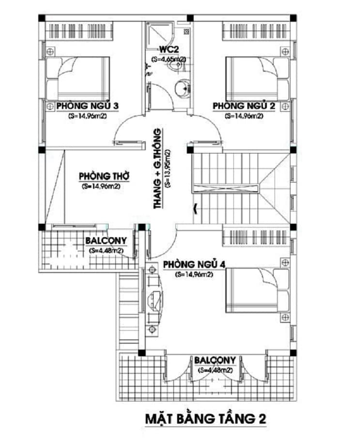 
Ảnh 12: Công năng mẫu nhà chữ L 100m2 có 2 tầng có 4 phòng ngủ
