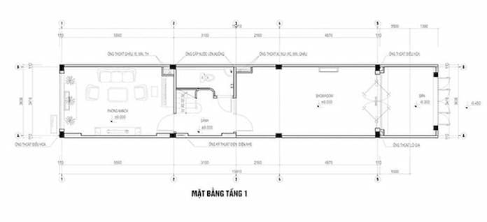 
Ảnh 7: Bản vẽ tầng 1 của mẫu thiết kế nhà mặt tiền 3m bố trí khoa học
