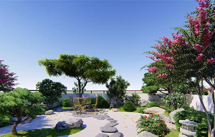  Ảnh 6: Cây tạo cảnh quan xanh trong lành cho tiểu cảnh sân vườn Nhật Bản đẹp