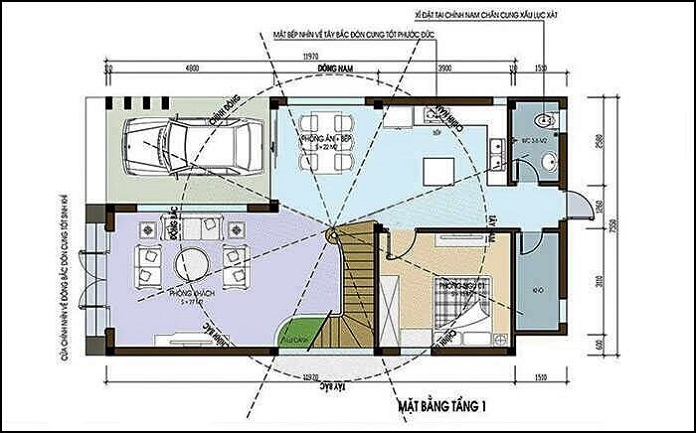 
Ảnh 7: Bố trí công năng tầng 1 mẫu nhà chữ L 100m2 có 2 tầng mái bằng lan can kính hiện đại

