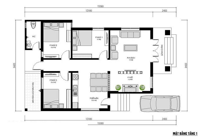 
Ảnh 10: Bản vẽ thiết kế tầng 1 mẫu nhà chữ L 100m2 có 2 tầng có 3 phòng ngủ
