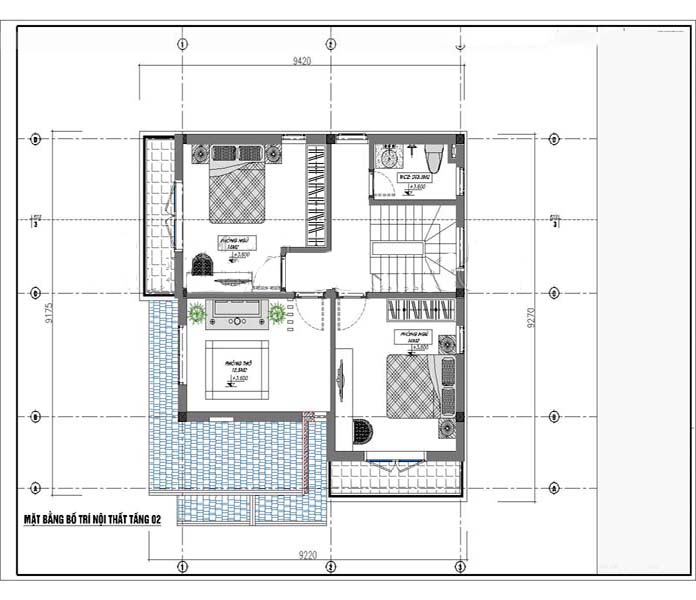 Ảnh 8: Bản vẽ mẫu thiết kế nhà 2 tầng 800 triệu mái thái diện tích 65m2 tầng 2 ( Nguồn: Internet)