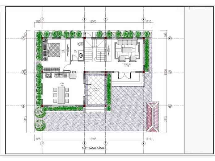 Ảnh 4: Bản vẽ thiết kế nhà 2 tầng 800 triệu diện tích 80m2 chữ L tầng 1 ( Nguồn: Internet)