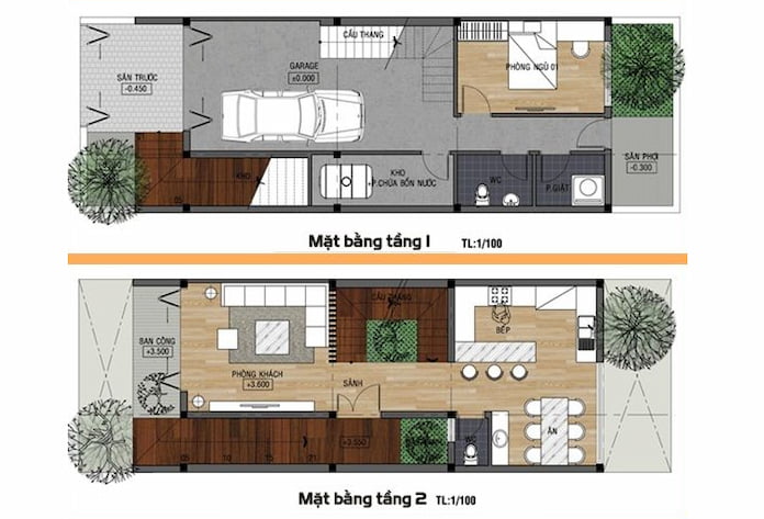 
Ảnh 2: Mặt bằng tầng 1-2 nhà 3 tầng đẹp
