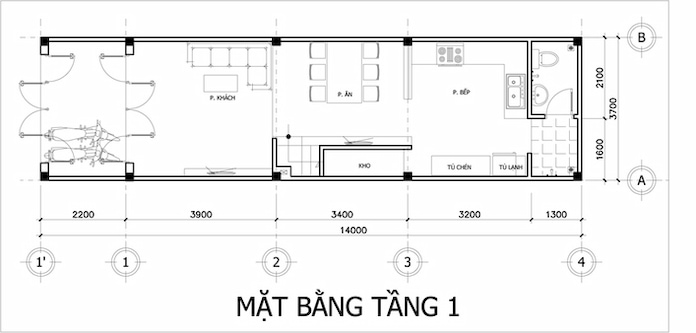 
Ảnh 39: Mặt bằng tầng 1 nhà 3 tầng diện tích 15,4x4m
