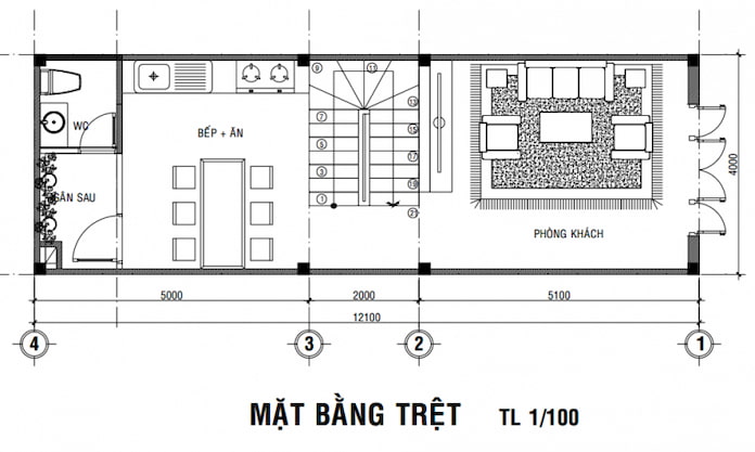 
Ảnh 21: Mặt bằng tầng 1 nhà 3 tầng diện tích 5x20m

