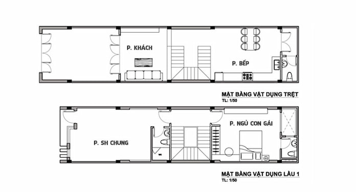 
Ảnh 9: Mặt bằng tầng 1 nhà ống 3 tầng có giếng trời
