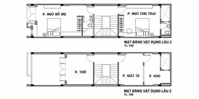
Ảnh 10: Mặt bằng tầng 2-3 nhà ống 3 tầng có giếng trời
