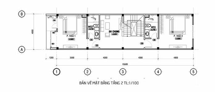 
Ảnh 48: Mặt bằng tầng 2 nhà 3 tầng có gác lửng

