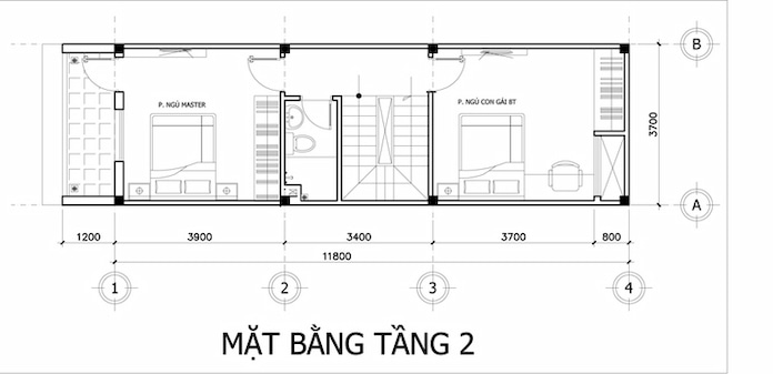 
Ảnh 40: Mặt bằng tầng 2 nhà 3 tầng diện tích 15,4x4m
