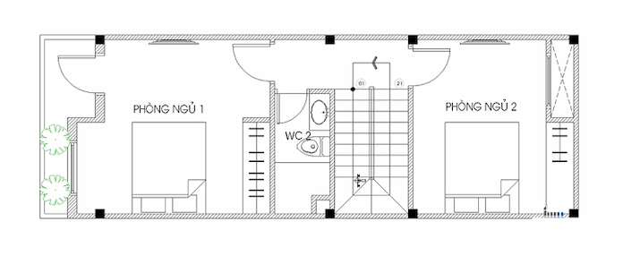 
Ảnh 32: Mặt bằng tầng 2 nhà 3 tầng diện tích 4,5x20 nhiều cây xanh
