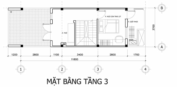 
Ảnh 41: Mặt bằng tầng 3 nhà 3 tầng diện tích 15,4x4m
