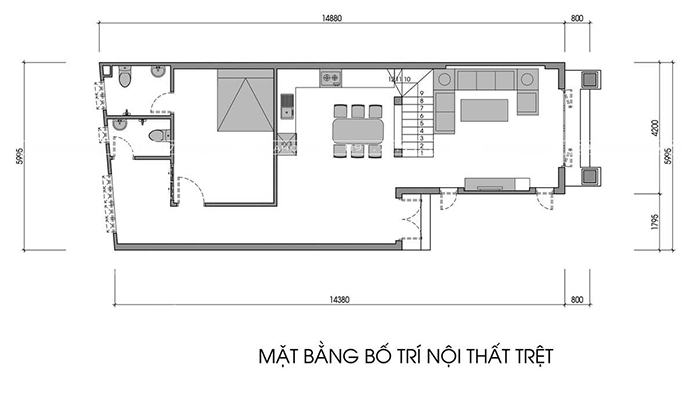 Ảnh 10: Mặt bằng tầng trệt của mẫu nhà cấp 4 6 ×15m có gác lửng