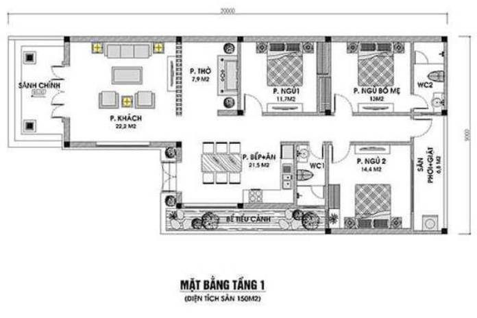 Ảnh 1: Bản vẽ nhà cấp 4 giá 500 triệu điển hình gồm các phòng ngủ, phòng khách, phòng ăn, vệ sinh