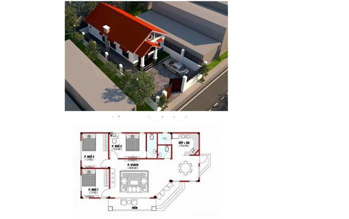 
Ảnh 6: Mô hình 3D nhà cấp 4 - 3 phòng ngủ 1 phòng thờ diện tích 80m2 kèm bản vẽ ( nguồn Internet)
