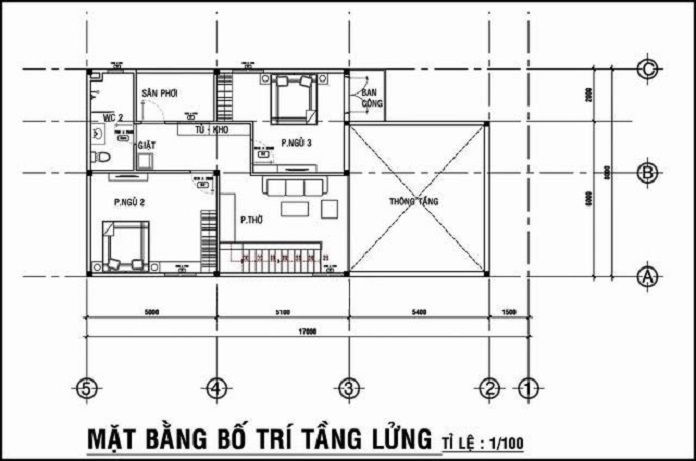 
Ảnh 7: Bản vẽ mẫu thiết kế tầng lửng nhà cấp 4 ở nông thôn gác lửng có 3 phòng ngủ
