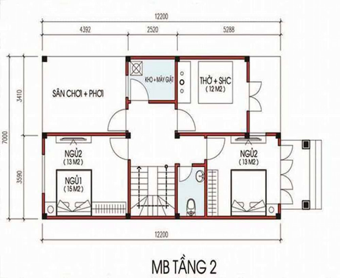 
Ảnh 2. Mẫu bản vẽ nhà ống 2 tầng 3 phòng ngủ 1 phòng thờ
