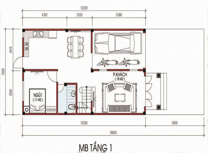 
Ảnh 1. Bản vẽ nhà ống 2 tầng 3 phòng ngủ 1 phòng thờ
