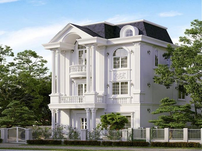 Ảnh 25: Mặt nghiêng tòa nhà biệt thự có phòng áp mái tông trắng.