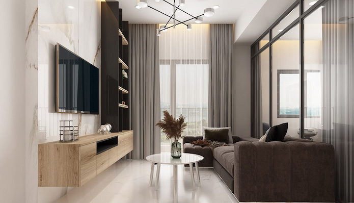 
Ảnh 4: Phòng khách hiện đại với tone màu trung tính cùng đồ nội thất tối giản
