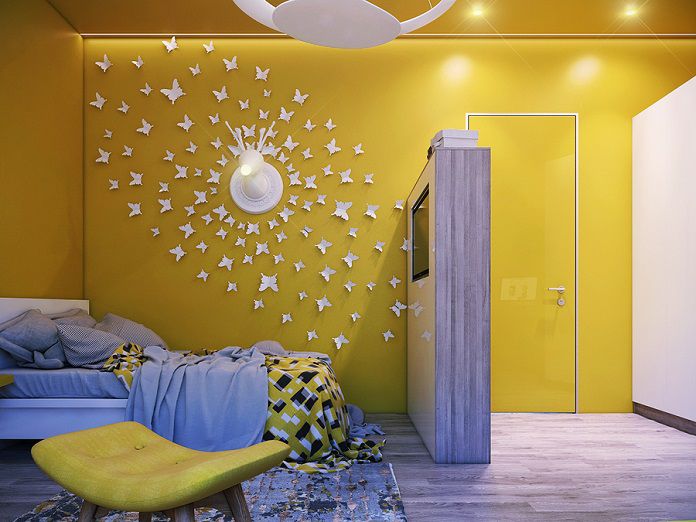  Ảnh 15: Sơn tường phòng ngủ màu vàng đậm tạo điểm thu hút cho mọi người