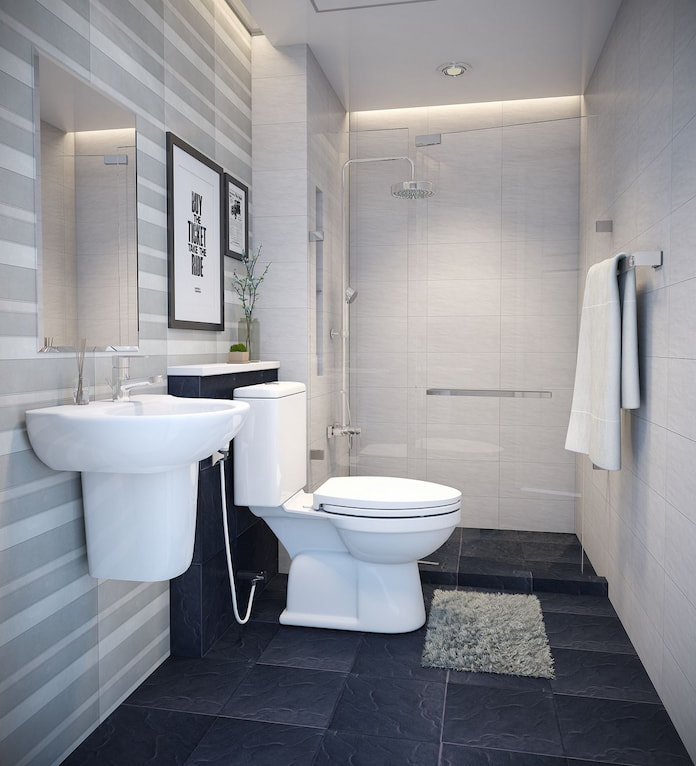 
Ảnh 16: Phòng tắm nổi bật với chi tiết sàn ốp gạch màu xanh đen
