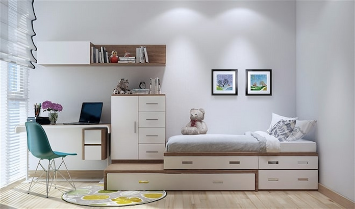  Ảnh 10: Mẫu thiết kế với sắc trắng chủ đạo, phối hợp với phần sàn nhà giả gỗ đem lại không gian rộng, mát