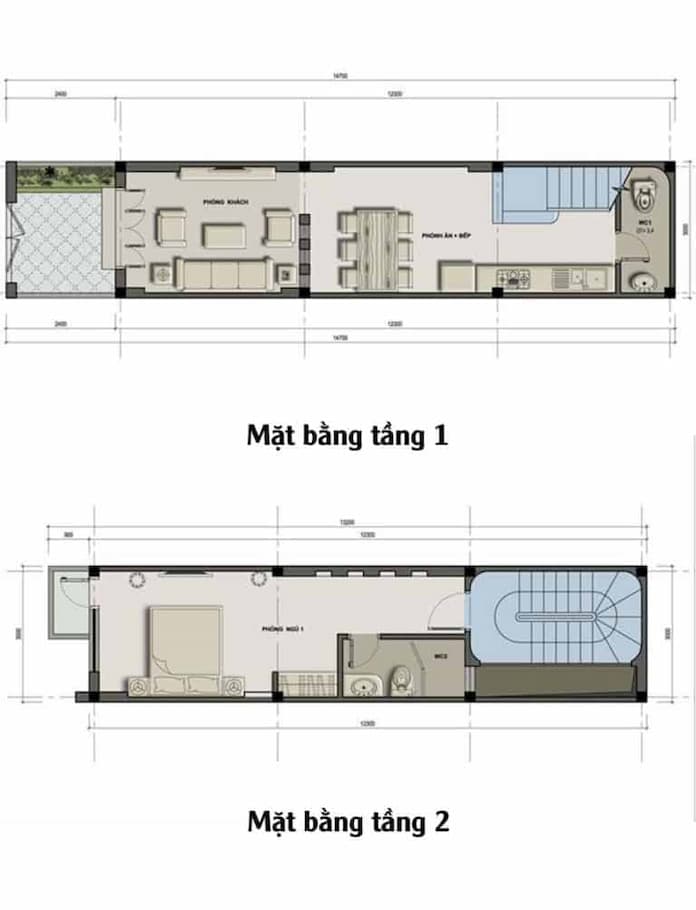 
Ảnh 15: Thiết kế tầng 1 và tầng 2 của mẫu nhà mặt tiền 3m có 5 tầng cực kỳ đơn giản
