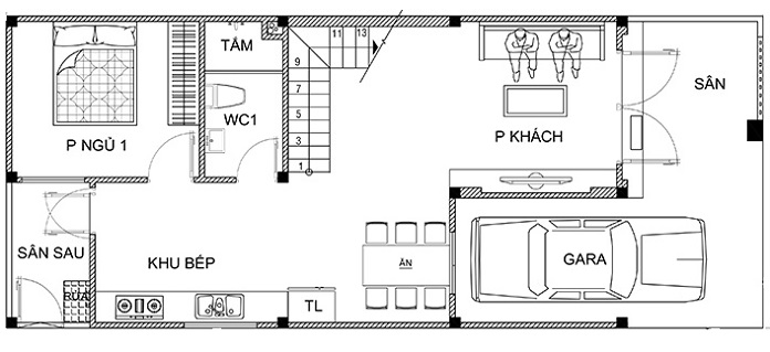 
Ảnh 15: Bản vẽ tầng 1 nhà 2 tầng 6x15 3 phòng ngủ có gara ô tô
