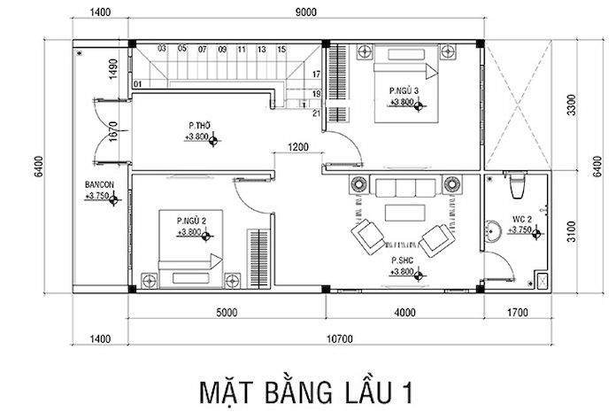
Ảnh 5: Tầng lầu của căn nhà ngang 6m dài 10m với các phòng sinh hoạt riêng tư
