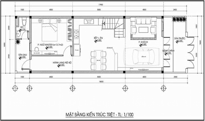 
Ảnh 2: Bản vẽ công năng không gian tầng trệt của một căn nhà cấp 4 có gác lửng 5x12
