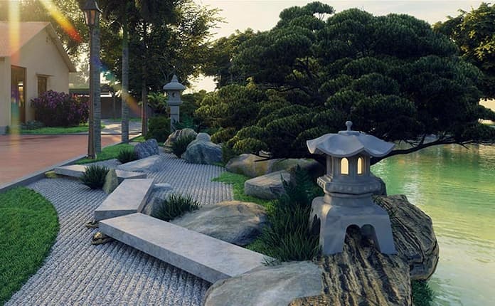  Ảnh 20: Một góc sân vườn phong cách Nhật Bản với các vật trang trí từ đá đơn giản nhưng độc đáo