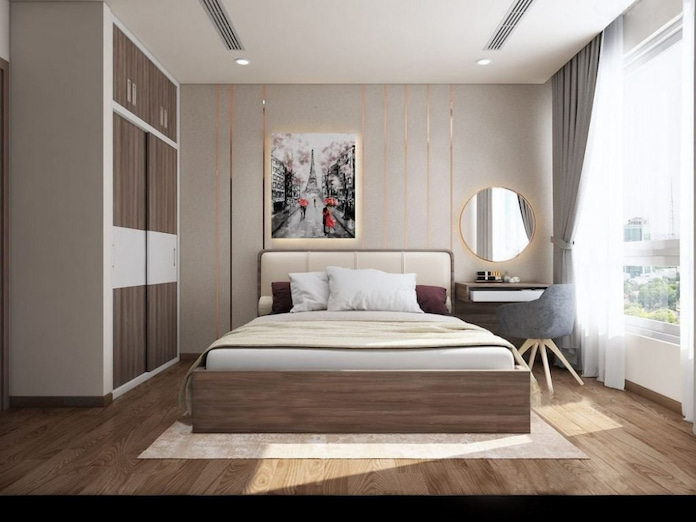 
Ảnh 9: Thiết kế phòng ngủ cho mẫu nhà ống 2 tầng mặt tiền 4m nên sử dụng các gam màu sáng và sàn gỗ

