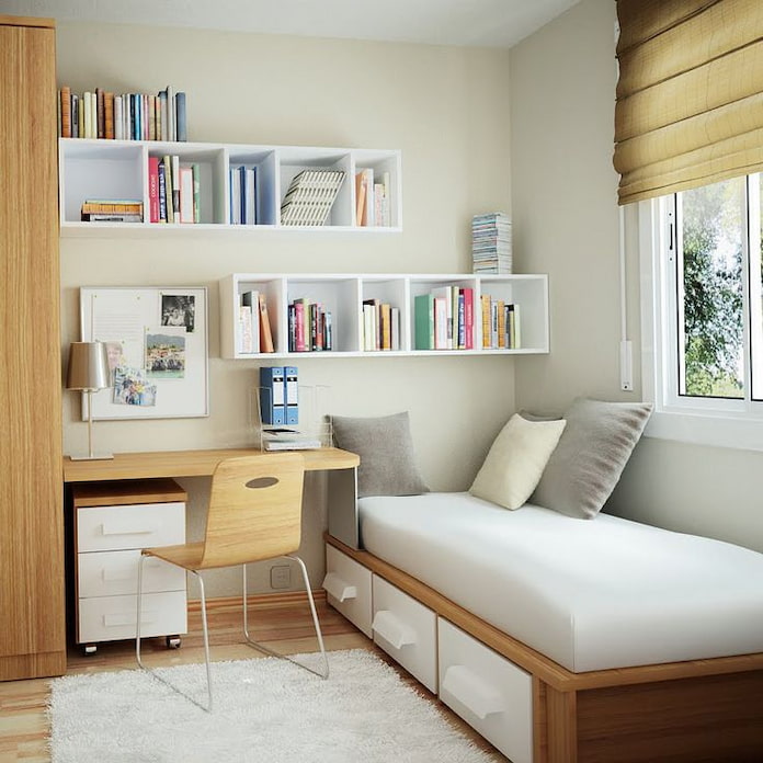  Ảnh 9: Thiết kế này tận dụng không gian cạnh giường ngủ để bố trí bàn học và bàn làm việc