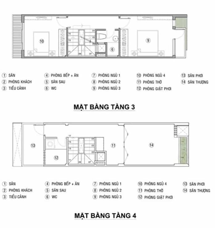 
Ảnh 5: Bản vẽ tầng 3 và 4 của mẫu thiết kế nhà mặt tiền 3m có 4 phòng ngủ sao cho tiện nghi nhất
