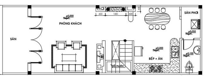 
Ảnh 9: Bản thiết kế công năng tầng trệt nhà có gác lửng 4x16m
