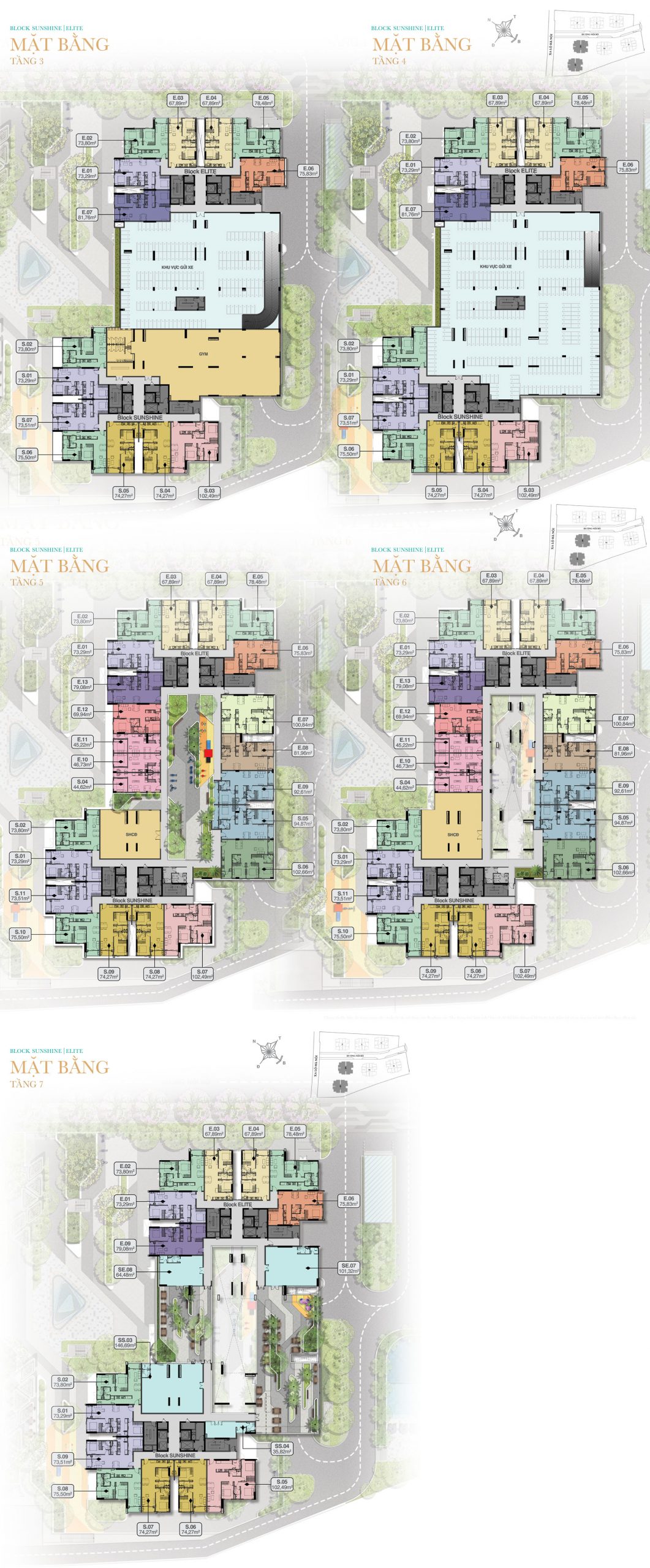 Mặt bằng tầng 3 - 7 (block Sunshine và Elite)